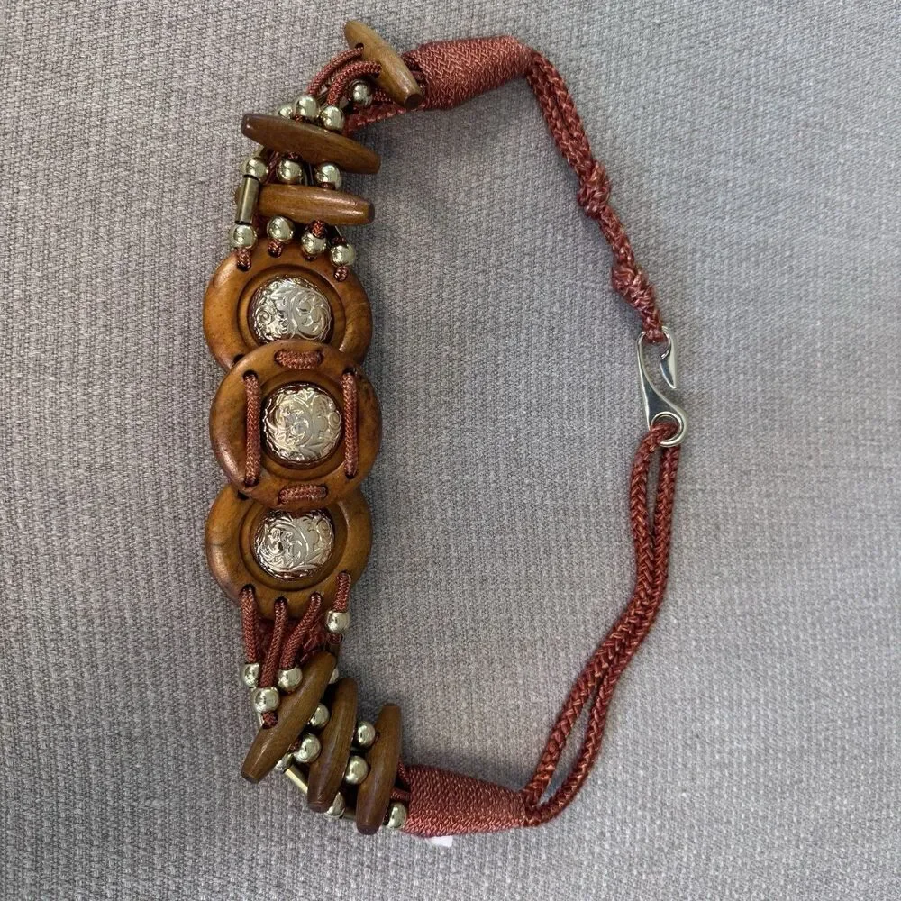 VTG Braided Rope Belt Macrame Woven Boho Style Wood Beads Gold 80s Vibe 545